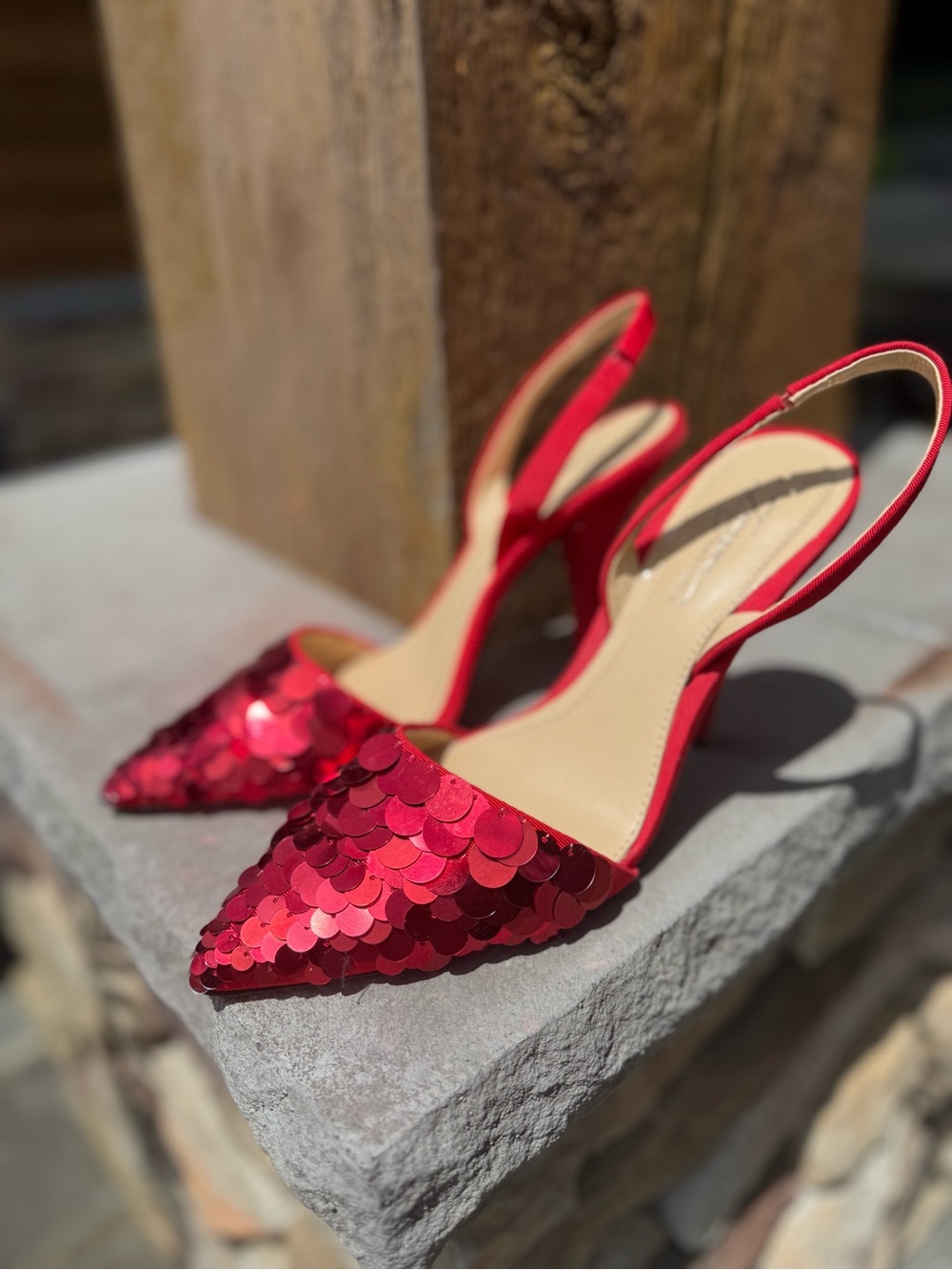 Vince Camuto “Lidya” Red Sequin Pointed Toe Slingback Heels